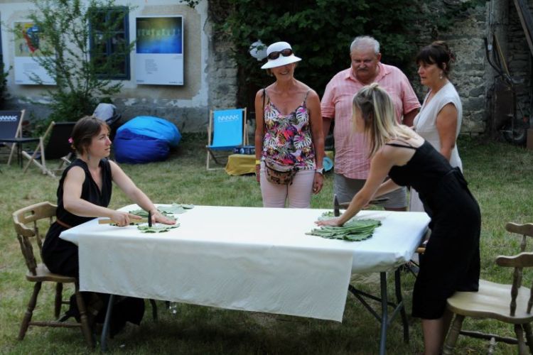 Performansz a közönség bevonásával, növény lenyomat kalapálással, nagy méretű textilen, levél maradványok damilra csiptetve. ;